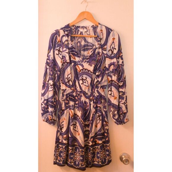 Crown & Ivy Dress Blue Paisley WOM XS Open Neck w/ Detailed Sleeves - Picture 8 of 12